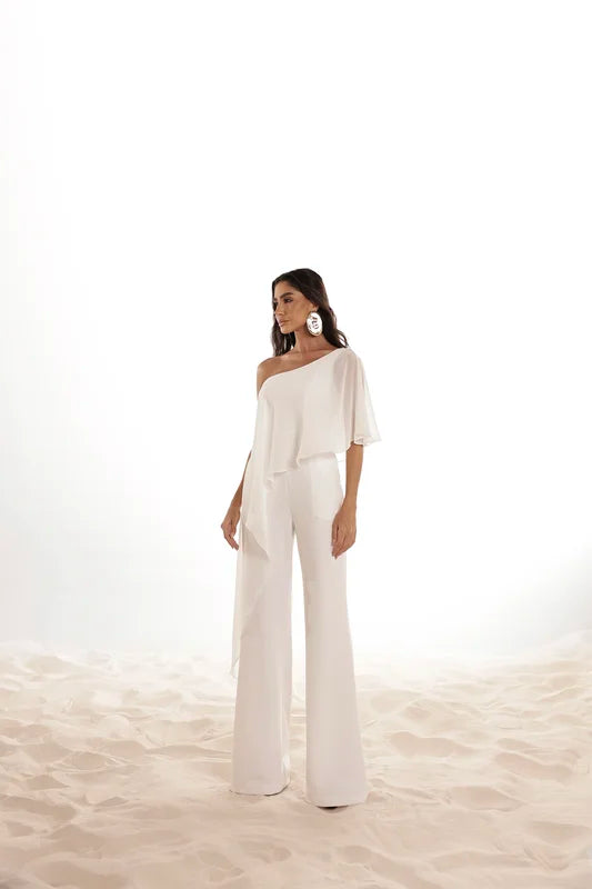 Macacão Scuba Com Blusa Fluída Off White