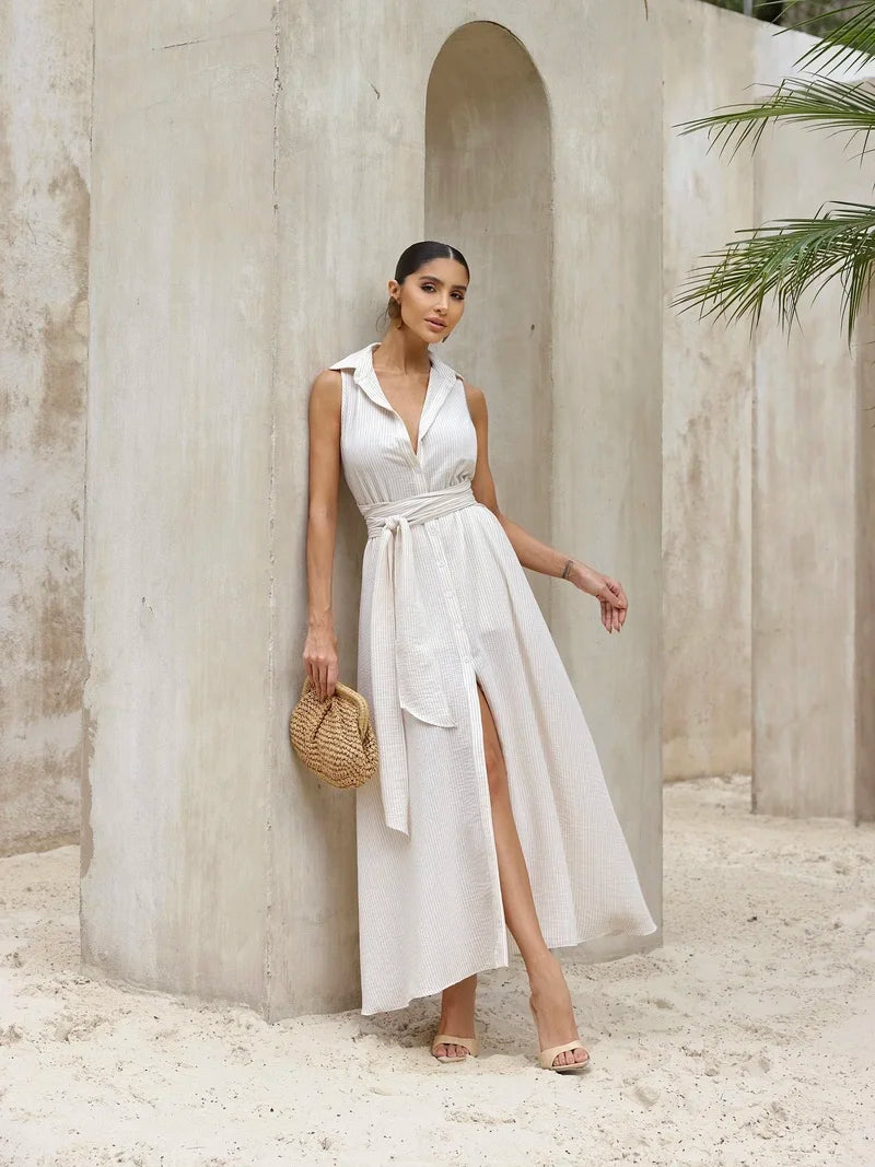 Vestido Chemise Com Faixa Bege