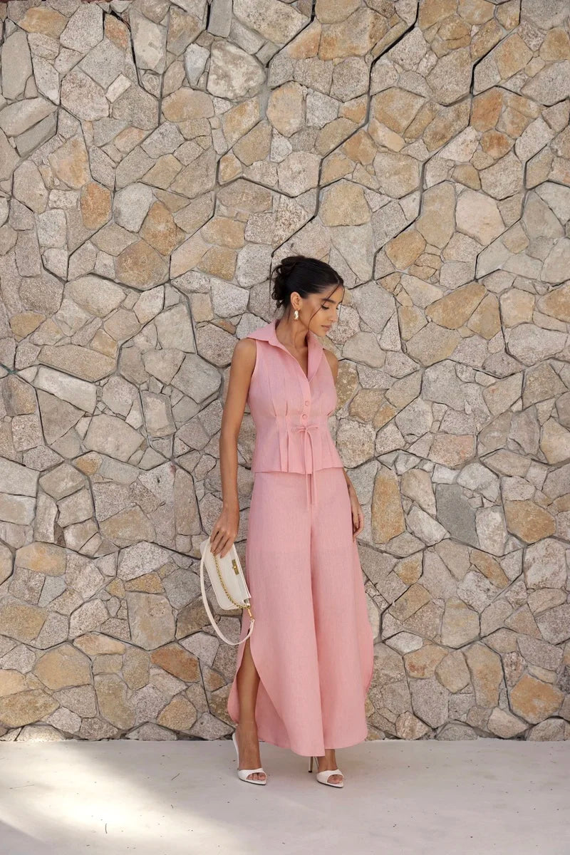 Conjunto Linho Calça Fenda Rosa Claro