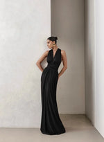 Vestido Jersey Drapeado Costas Arco Preto