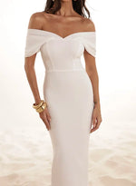 Vestido Midi Lápis Manga Pregas Branco