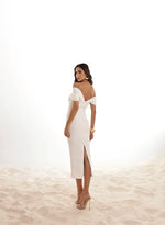 Vestido Midi Lápis Manga Pregas Branco