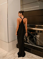 Vestido Jersey Drapeado Costas Arco Preto