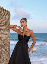 Vestido Longo Plissado Aviamento Preto