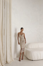 Vestido Midi Tule Bordado Dourado