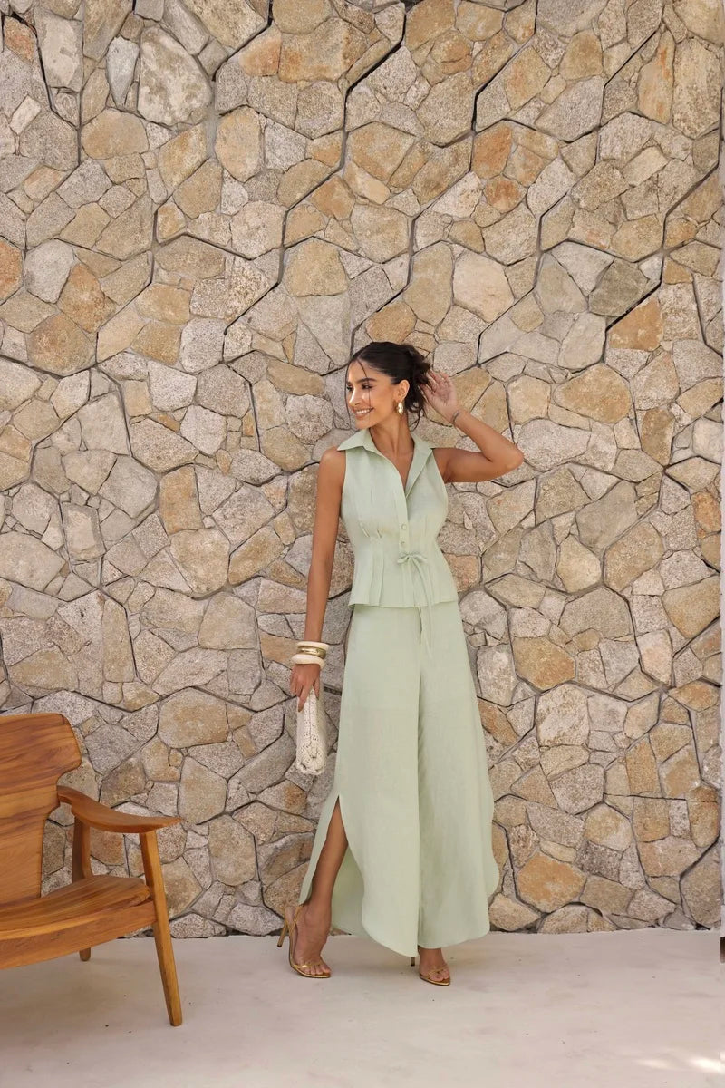 Conjunto Linho Calça Fenda Verde Pistache