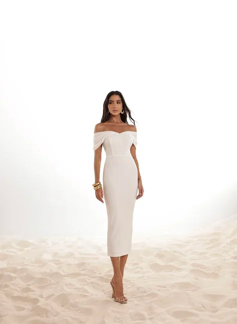 Vestido Midi Lápis Manga Pregas Branco