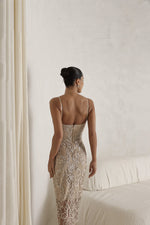 Vestido Midi Tule Bordado Dourado