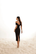 Vestido Midi Lápis Manga Pregas Preto