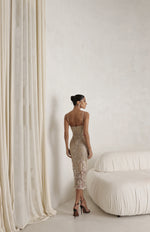 Vestido Midi Tule Bordado Dourado