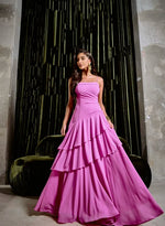 Vestido Longo Saia Babado Assimétrica Rosa Chiclé