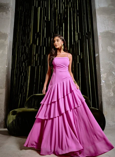 Vestido Longo Saia Babado Assimétrica Rosa Chiclé
