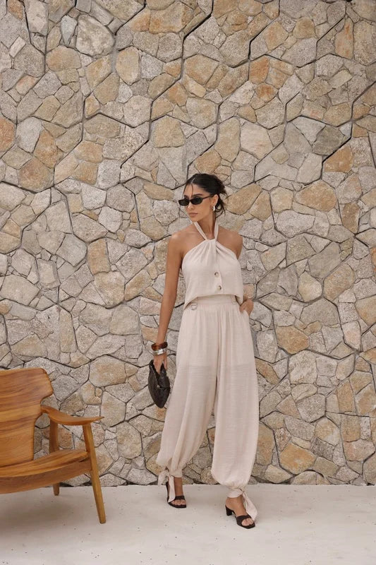 Conjunto Chloé Blusa Frente Única Areia