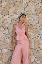 Conjunto Linho Calça Fenda Rosa Claro