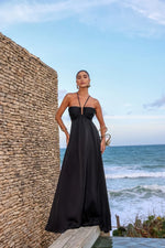 Vestido Longo Plissado Aviamento Preto